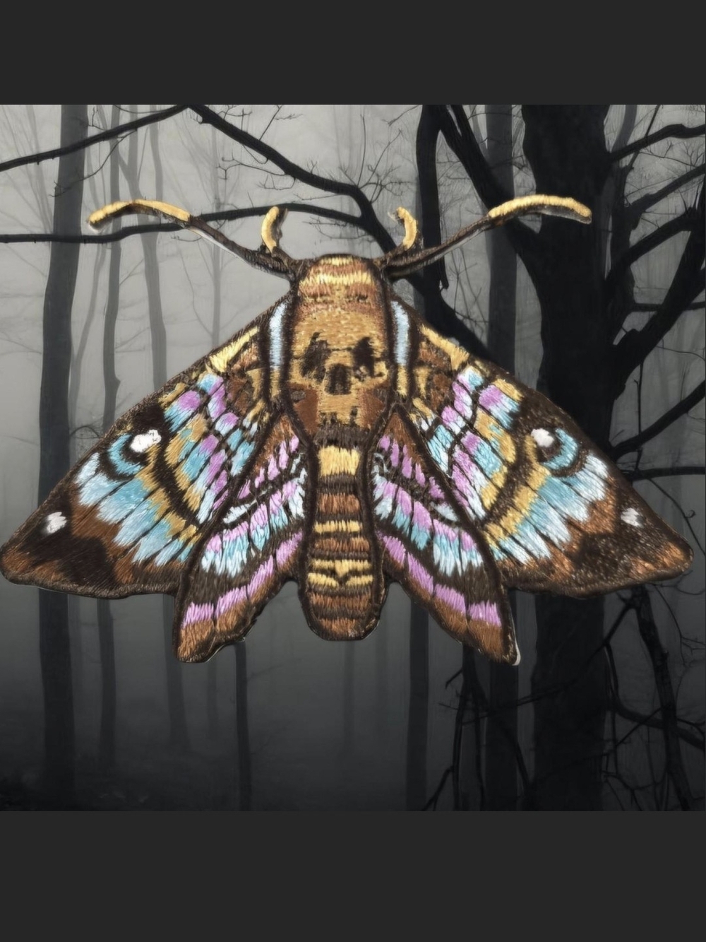 Embroidered Death-Head Moth Iron-on Parch Brown, Blue & Lavender - Unbranded